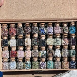 Boxed Natural Crystal Collection, 40 Corked Glass Bottles, Labeled Sample Jars
